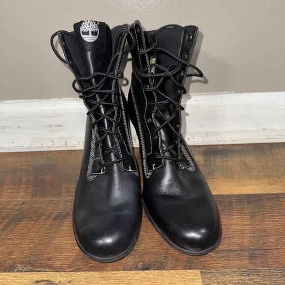 TIMBERLAND Black Leather Lace Up Heeled Booties Combat Boots Grunge Retro sz.8 - Picture 2 of 7